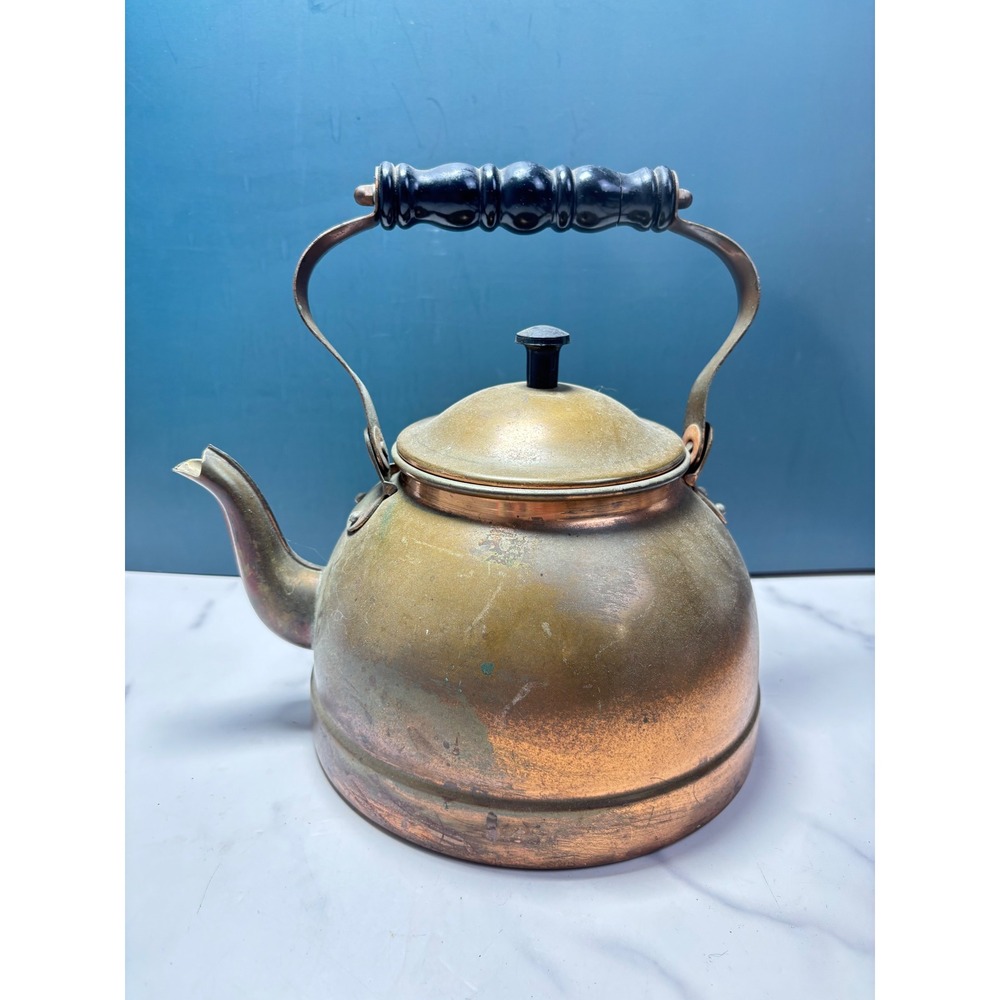Vintage Copper Tea Kettle Farmhouse Decor Wood Handle Taiwan Patina